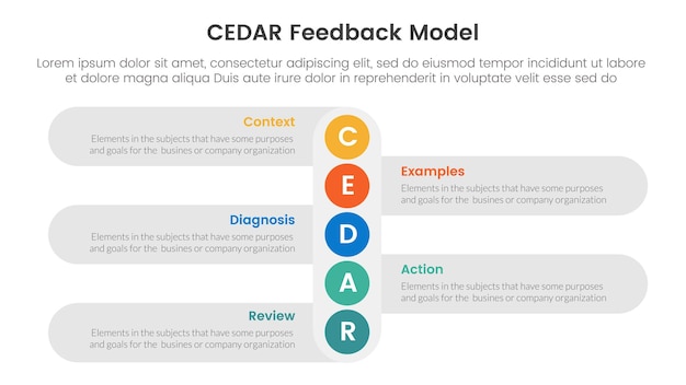 cedar feedback model infographic template banner with vertical small circle down direction with circle badge with 5 point list information for slide presentation