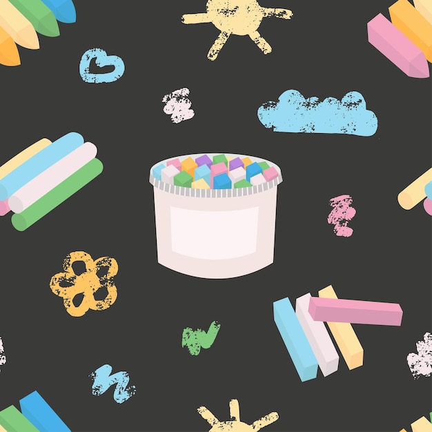 Chalk vector seamless pattern on dark background Hand drawn childish crayon drawings