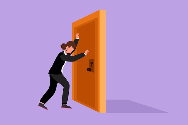 character flat drawing businesswoman pushes closed wooden door business struggles metaphor strength manager for success in market competition opening closed door cartoon design vector illustration