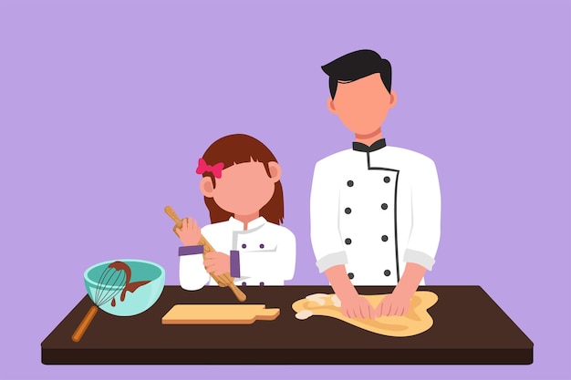 character flat drawing happy father and cute daughter wearing apron cook in kitchen dad and his little girl enjoying kneading cake dough or bakery together at home cartoon design vector illustration