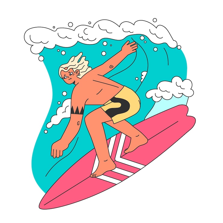 Vektor character in a swimsuit spending time on the beach male surfer standing on a surfboard surfing in