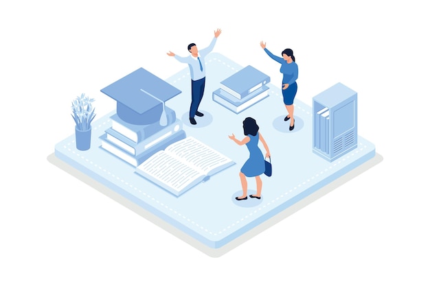 Characters celebrating successfully, diploma certificate, Graduation concept, isometric vector