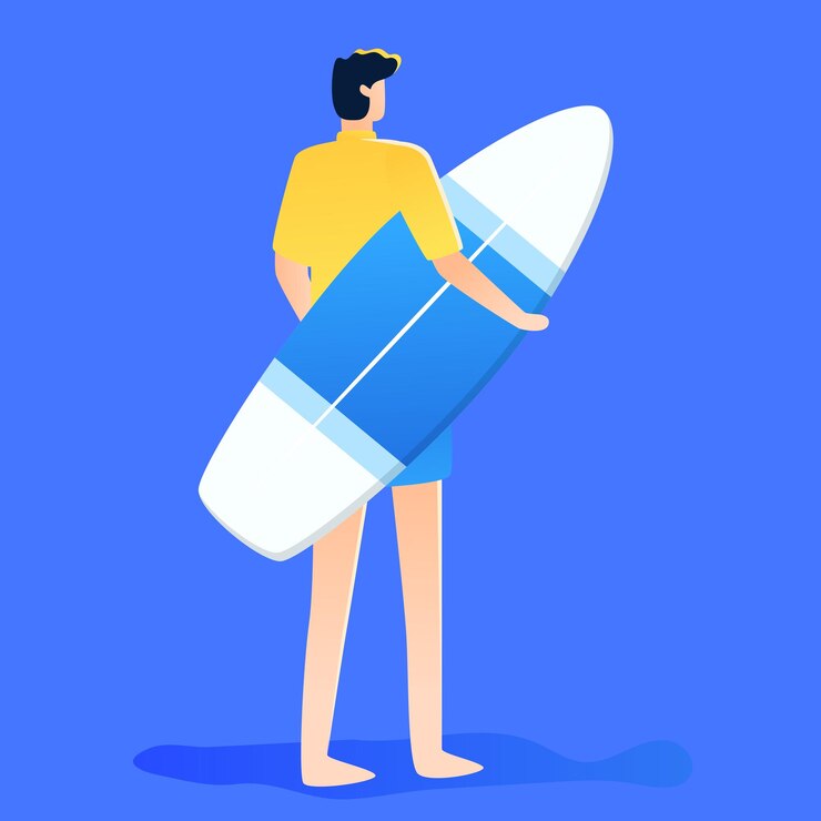 Vektor characters swimming and surfing at the seaside in summer big summer solar term summer beach