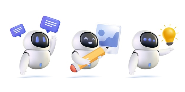 Chatbot 3D set Online communication with artificial intelligence chat bot Virtual dialog with ai assistant Robot or android with artificial neuron network Modern technology 3D illustration