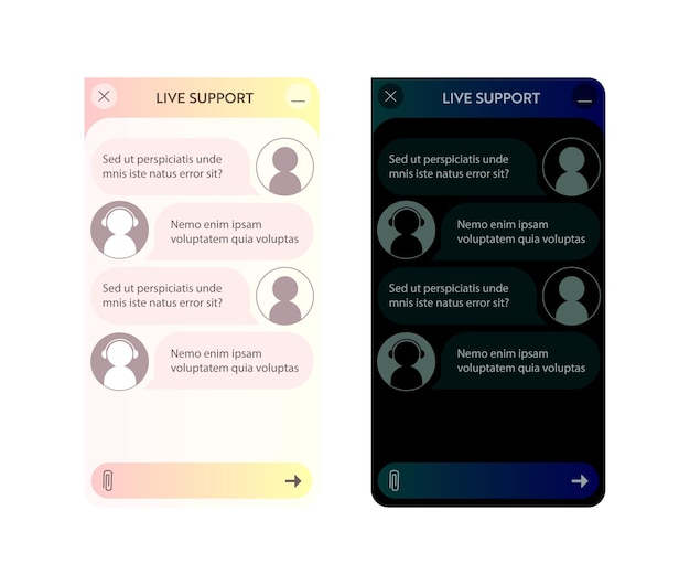 chatbot window. dark and light mode. user interface of application with online dialogue. conversation with a robot assistant