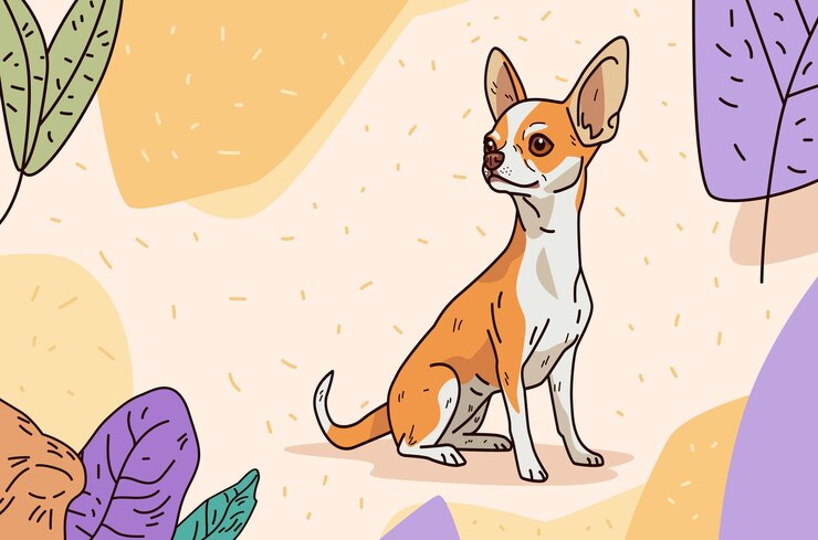Vektor chihuahua dog sitting surrounded by abstract leaves and shapes in pastel colors minimalist design