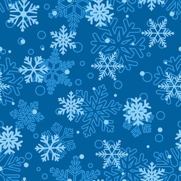 Christmas seamless pattern of big and small snowflakes, light blue on blue