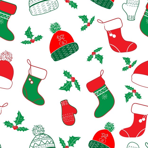 Christmas seamless pattern with holly leaves and christmas sock.