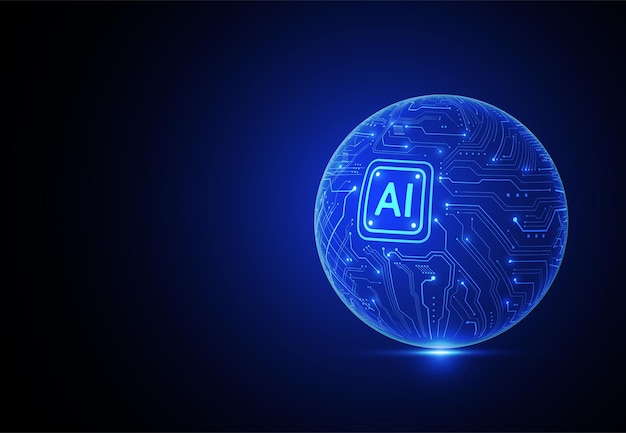 Čipová sada umělé inteligence na desce plošných spojů v futuristickém konceptu technologického umění