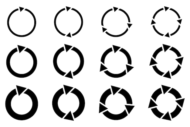 Circular arrow icons Rotation cycle symbols Black looped arrows Refresh reload signs