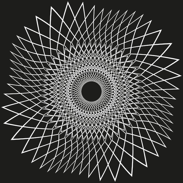 Circular grid symmetry Abstract net vector White lines design Black background pattern