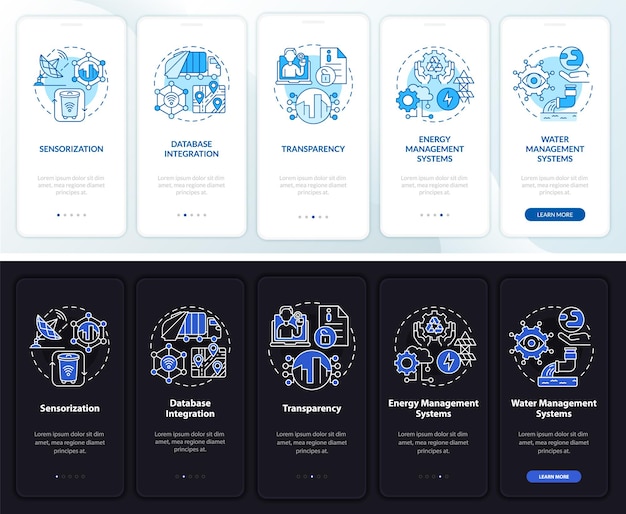 City management digitalization onboarding mobile app page screen. Tech walkthrough 5 steps graphic instructions with concepts. UI, UX, GUI vector template with linear night and day mode illustrations