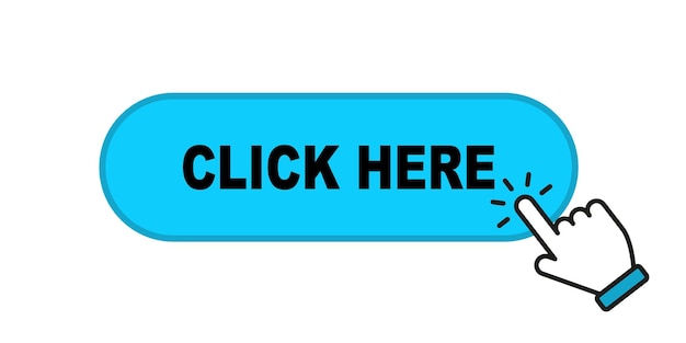 Click here button with hand pointer clicking Web button with action of hand pointer Click here UI button concept Vector illustration