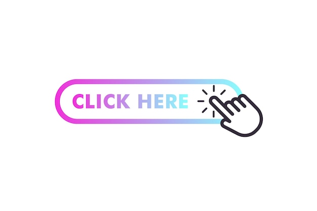 click here on the button with the arrow pointer. hand cursor vector icon. flat line gradient button