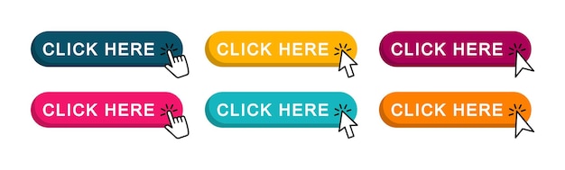 Click here web buttons. Set of action button click here with arrow pointer. Vector illustration.
