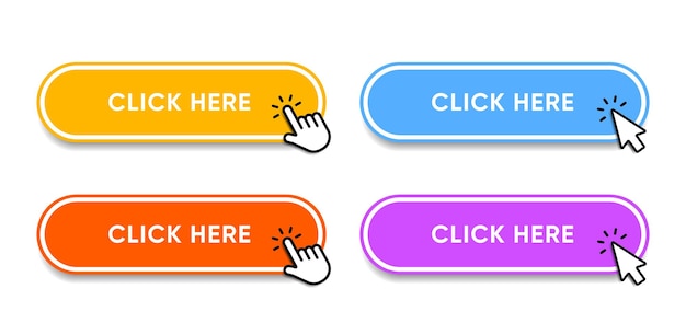 Click here web buttons with hand cursor Set of action button with arrow pointer Click button