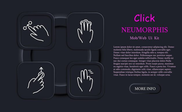 clicks set icon double click palm hand swipe move object scroll down with three fingers hold move up pinch with three fingers hold neomorphism delay with three fingers gestures concept