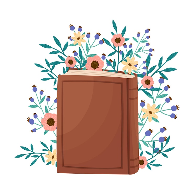 Vektor closed book in hard cover with floral compositions peeped out from behind it vector illustration