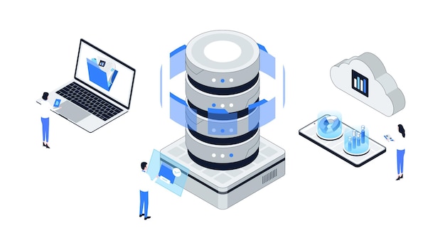Cloud Computing and Database Management Isometric Vector Illustration Online Data Analysis Backup Document Storage App and Server Technology Concept