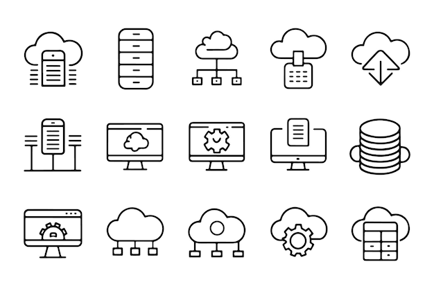 Cloud computing and storage related black 15 pcs icons set isolated on white background