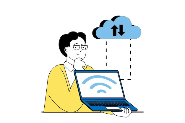Cloud computing concept with people scene in flat web design Man using wifi connect for getting access for cloud storage with files Vector illustration for social media banner marketing material