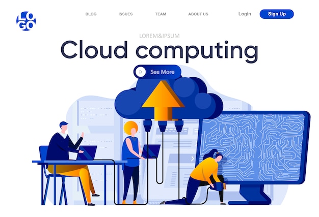 Cloud computing flat landing page. Engineers servicing cloud database system illustration. Hosting platform administrating, data center computing web page composition with people characters.