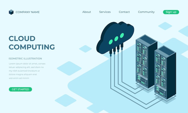 Cloud computing isometric landing page Cloud storage server Cloud computing online database technology Vector illustration