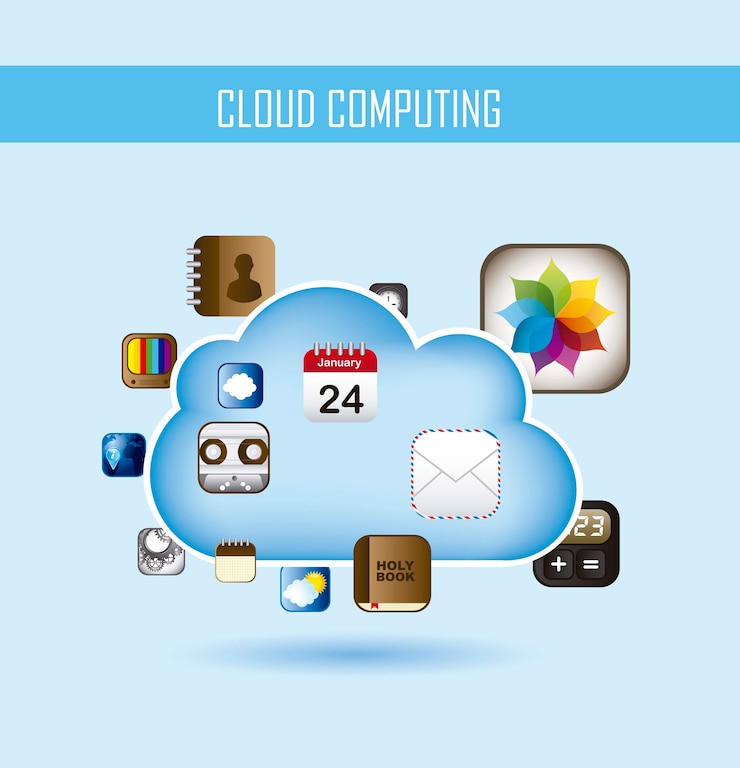 Vektor cloud computing s ikonami aplikací, vektorová ilustrace