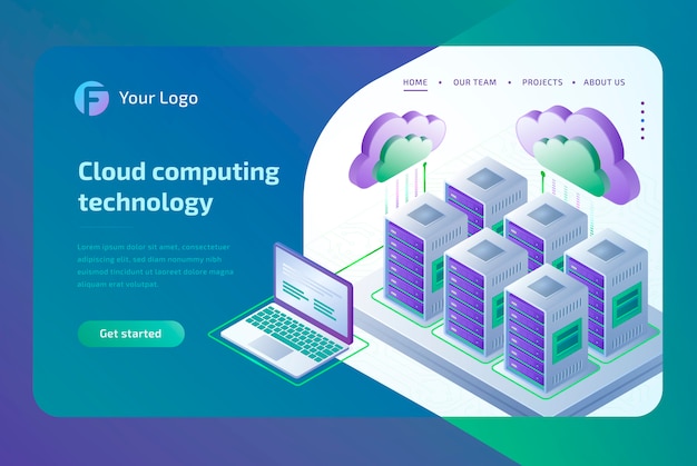 cloud computing technology and server room concept. landing page template.  isometric