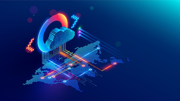 Cloud data storage isometric Cloud based data storage access over the Internet anywhere in the world The cloud is connected to the world map Global communications of Data Center for cloud computing