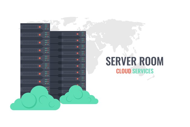 cloud services, server rack on world map background with clouds
