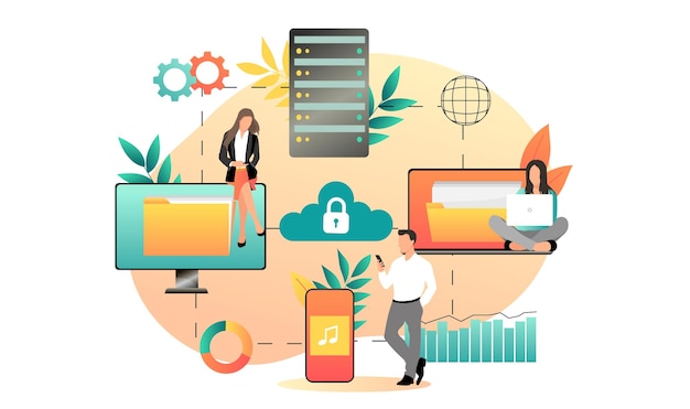 Cloud storage design concept Internet data exchange technology Digital information protection service Different device secure data transmission Abstract wireless database Vector illustration