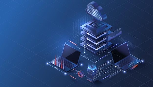 cloud storage isometric illustration glowing data server platform blue neon secure platform
