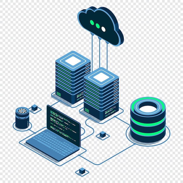 Cloud technology computing concept Modern cloud technology Data center isometric concept Isometric cloud technology with data center Web hosting concept Isometric technology