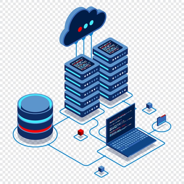 Cloud technology computing concept Modern cloud technology Data center isometric concept Isometric cloud technology with datacenter Web hosting concept Isometric technology