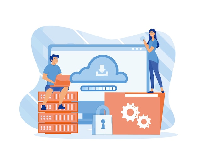 Cloud technology People storing data on cloud server flat vector modern illustration