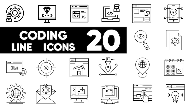 Coding line icons vector and Illustrator set