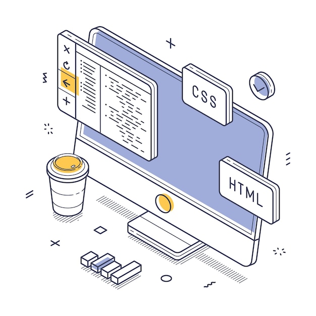Coding programming with a computer and design elements for web development isometric line art