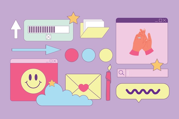 Collage of user retro interface elements Vaporwave style vector illustration in pastel colors Retro trendy nostalgic style 80s 90s Posters print social media posts Hand drawn objects