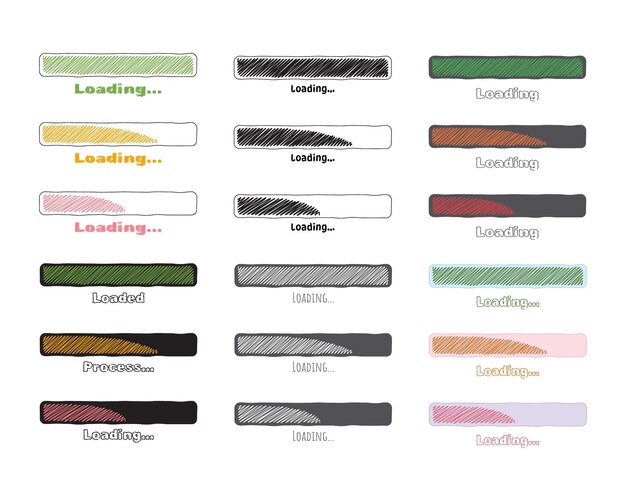 Collection Loading bar status icon Vector illustration Set of vector loaded icons Download progress Donload or Upload Handdrawn sketchscribble