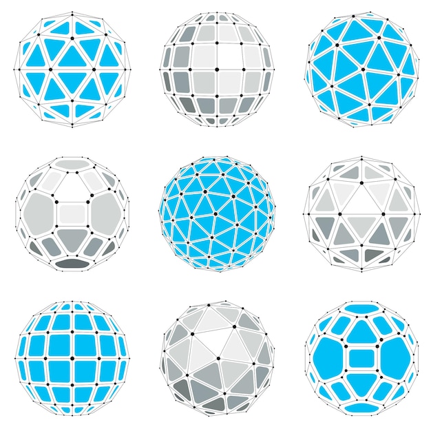 collection of abstract vector low poly objects with lines and dots connected. set of futuristic balls with overlapping lines mesh and geometric figures. 3d shapes can be used in technical modeling.