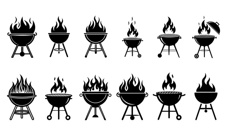 Vektor collection of black bbq grill silhouettes with flames