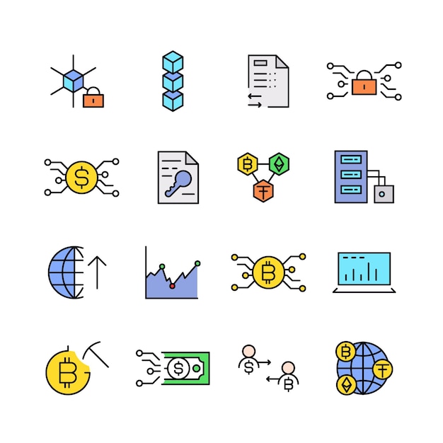collection of blockchain icons in simple and modern style