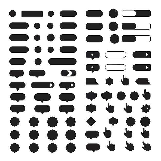 Collection of buttons icons and UI elements in black and white