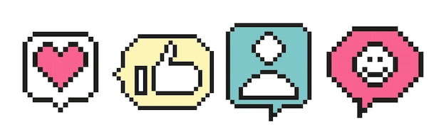 Collection of mixed pixelated speech bubble Social network 8 bit pixel art icons pack Like commen