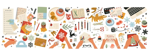 collection of objects and compositions with female hands at work creating christmas decorations greeting cards writing letters and compiling a wish list flat style in vector illustration isolated