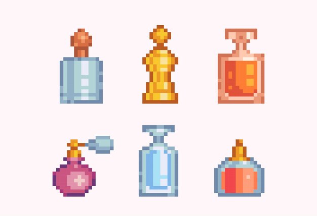 Collection of pixelated vintage perfume bottles in different shapes and colors