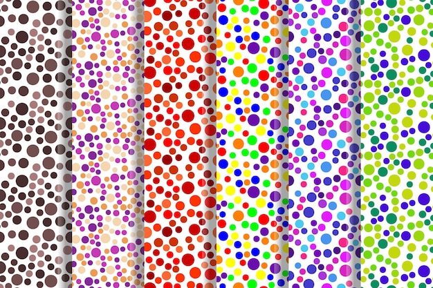 Collection of repeating seamless patterns of vivid brown purple red green multicolored bubbles