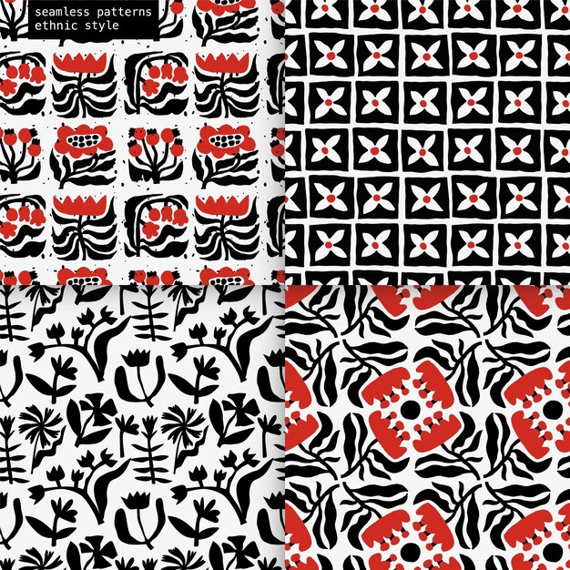 Collection of seamless patterns with floral elements in folk style