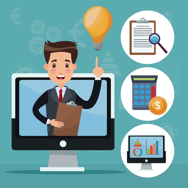 color background analytics investment icons and display computer with businessman 
